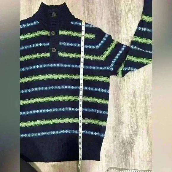 American Eagle Men’s Knit Sweater Striped Blue Green Mock Neck 1/4 Button Size L - Picture 9 of 9